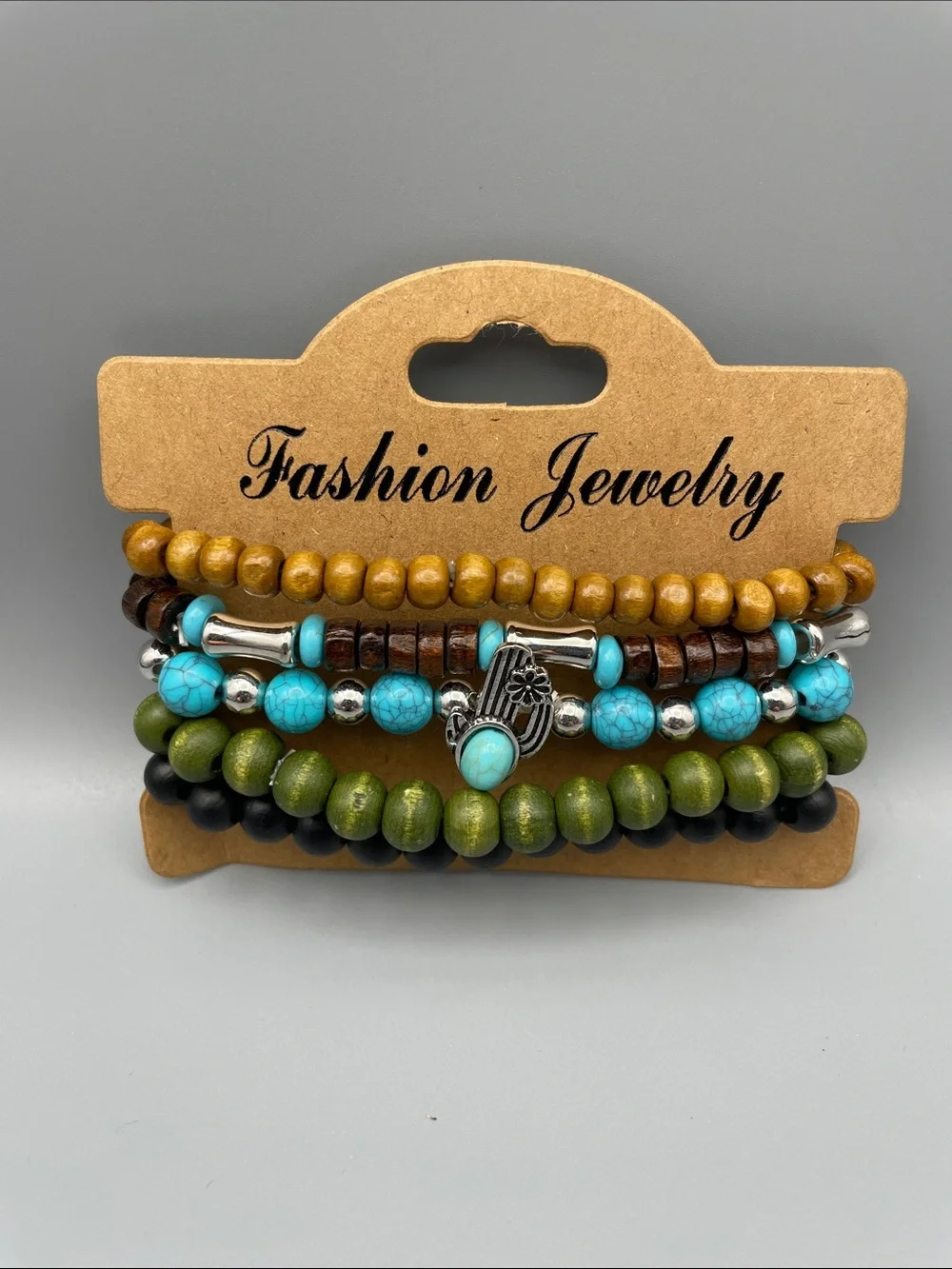 Boho Multi-Strand Beaded Bracelet Set — Turquoise, Olive & Wood